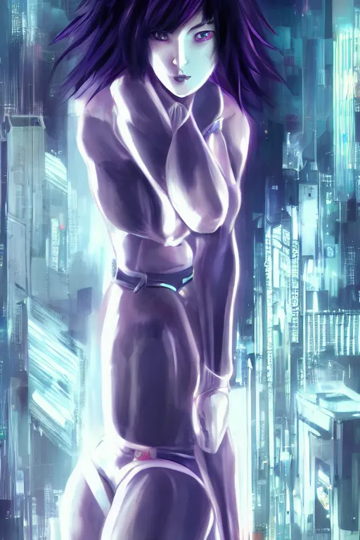 Image similar to a still fullbody portrait of motoko kusanagi ghost in the shell, finely detailed features, closeup at the faces, perfect art, at a cyberpunk city, gapmoe yandere grimdark, trending on pixiv fanbox, by ilya kuvshinov, rossdraws, artgerm