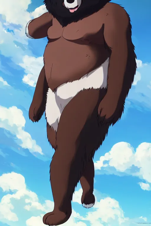 Image similar to overweight heavily scarred bear with black fur wearing a white loincloth, fursona, anthro, male, anime key visual, detailed fur, makoto shinkai