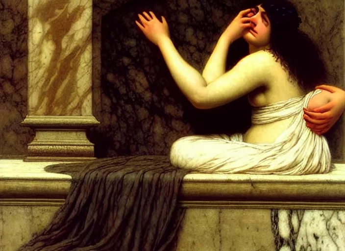 Prompt: sorrowful picture. hyperrealism, intricate details, trending on artsation by arnold bocklin, herbert james draper, sir lawrence alma - tadema john william godward