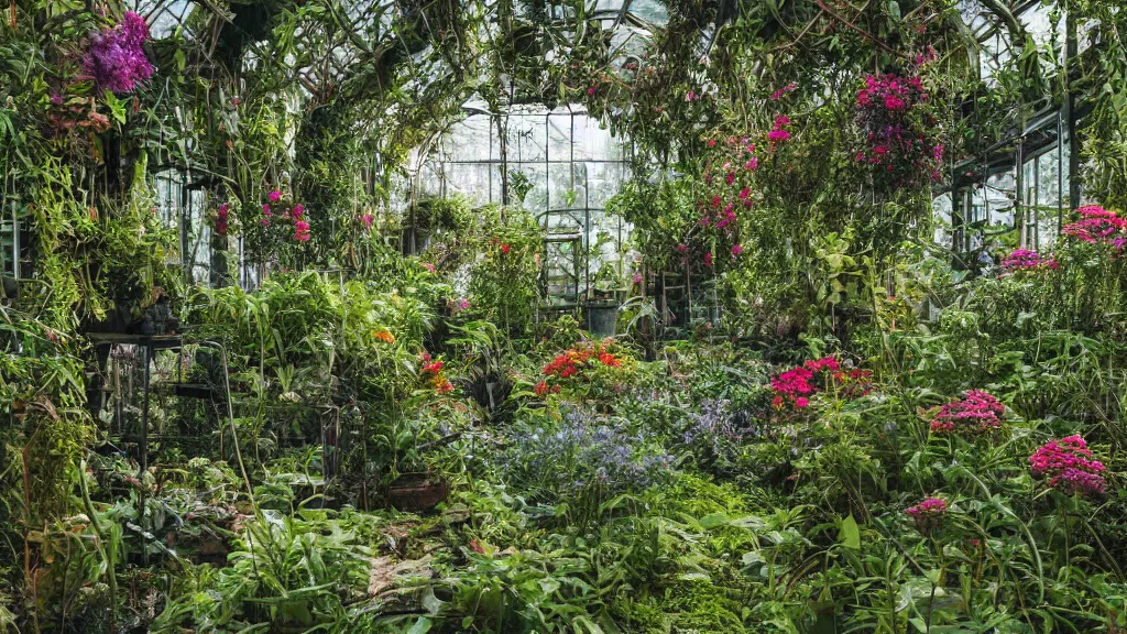Prompt: exploring an abandoned overgrown greenhouse, becoming overgrown with plants with small colourful flowers, hyperrealistic, ambient lighting highly detailed, 4 k hd