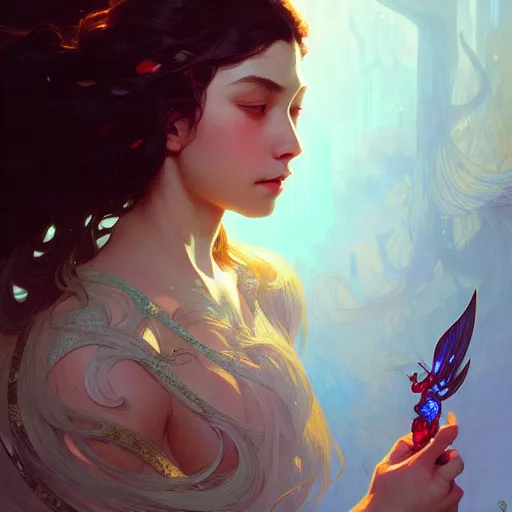 Image similar to a girl surrounded by floating daggers, face, fantasy, intricate, elegant, highly detailed, digital painting, artstation, concept art, smooth, sharp focus, illustration, art by Sam Youn and Fernanda Suarez and Artem Demura and alphonse mucha