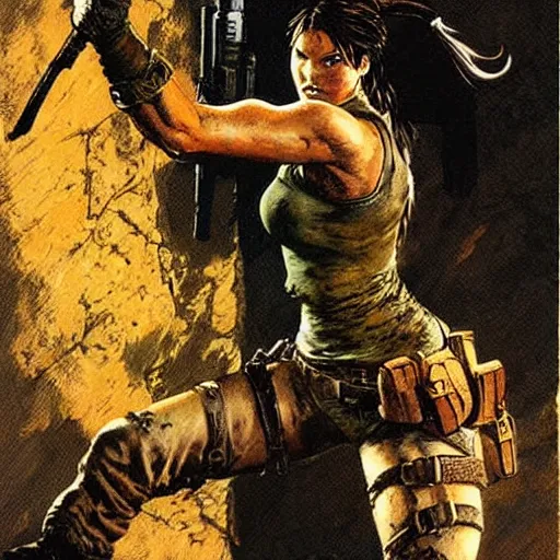 Image similar to lara croft by frank frazezetta