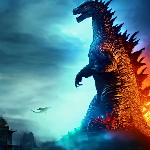 Image similar to godzilla near taj mahal, majestic, breathtaking, film still from godzilla king of monsters, 8 k, unreal engine 5 rendering, hyper realistic, global illumination, radiant lighting, clear image