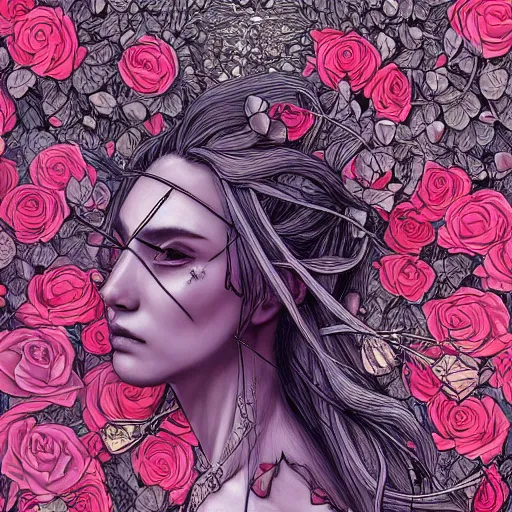 Image similar to the anatomy of a head of thorns with roses that resemble a beautiful woman, an ultrafine detailed illustration by james jean, intricate linework, bright colors, final fantasy, behance contest winner, vanitas, angular, altermodern, unreal engine 5 highly rendered, global illumination, radiant light, detailed and intricate environment