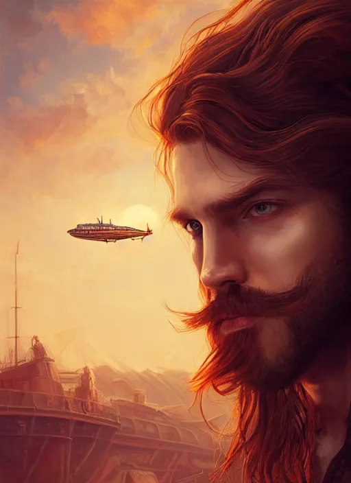 Image similar to portrait painting of a handsome face rugged long hair crimson hair male captain simple clothing top half portrait soft hair steampunk ornate mechanical zeppelin airship in the background sky sunset golden hour fantasy rugged book cover art atmospheric lighting art by mullins rutkowski bussiere