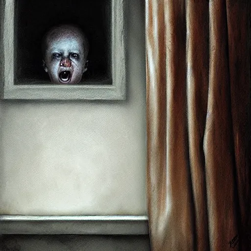 Image similar to Curtain Ghost by Mark Arian, dark, horror, surrealism, horror scene of a child staring outside the window. Screaming for help by Santiago Caruso