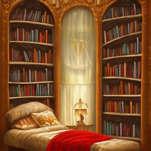 Prompt: fantasy bedroom, bookshelves, cozy, warm glow, digital art, oil on canvas, trending on artstation, ornate