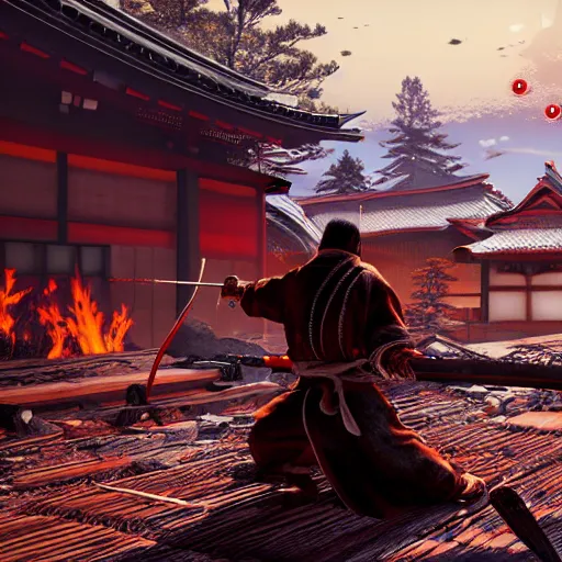 Image similar to japanese ninja boss inspired from sekiro shadows die twice near a camp fire, holding katana, evening time, digital illustration, crisp details, highly detailed art, 8k image quality, full body camera shot