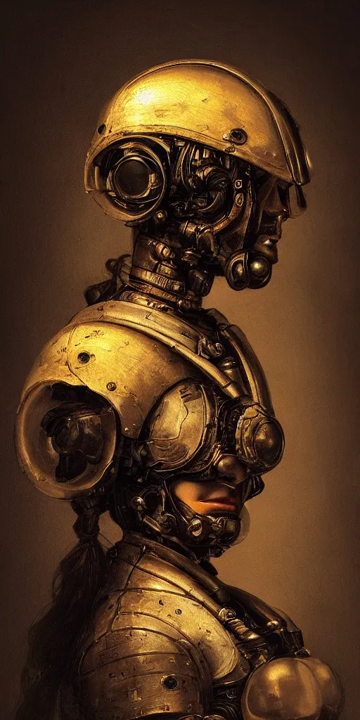 Prompt: baroque portrait of the girl wearing a cybernetic helmet. futuristic cyberpunk. full body. rembrandt lighting. photorealistic. high details.