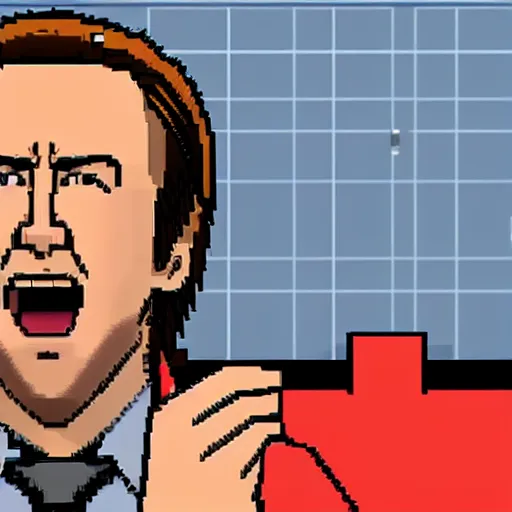 Image similar to nic cage as phoenix wright yelling objection!, in game screenshot, hd digital pixel art