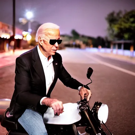 Prompt: cinematic shot of Joe Biden wearing sunglasses and a black leather jacket and jeans smoking a cigarette and sitting on a motorcycle outside of a bar at night, 8k,