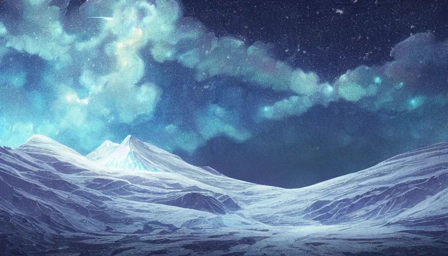 Prompt: A highly detailed digital art painting of a snowy tundra glaciated landscape at night, shimmering starry nebula sky by Studio Ghibli, Makoto Shinkai, by Artgerm, by beeple, volumetric lighting, octane render, 4K resolution, trending on artstation, masterpiece, vivid colours