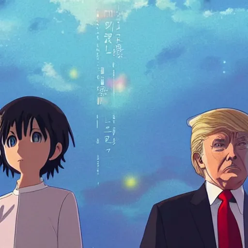 Prompt: Animation of Donald Trump in Kimi No Na Wa, Your Name, Matoko Shinkai, beautiful, anime, colorful, animation, CoMix Wave Films