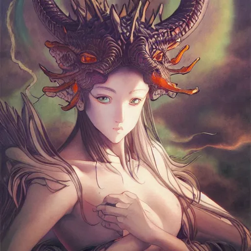 Image similar to prompt : magestic dragon hunter portrait soft light painted by james jean and katsuhiro otomo, inspired by evangeleon anime, smooth face feature, intricate oil painting, high detail illustration, sharp high detail, manga and anime 1 9 9 0