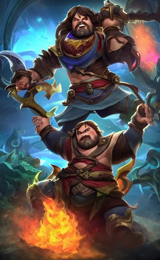 Image similar to Jack Black as a character in the game League of Legends, with a background based on the game League of Legends, detailed face, old 3d graphics