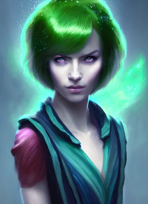 Image similar to Portrait of young female sorcerer, D&D fantasy, her hair is green and styled in a Bob Cut, magic particles flutter in the air, she has a distant expression, and is wearing a shirt and vest, intricate, highly detailed, digital painting, artstation, concept art, sharp focus, illustration, art by greg rutkowski and Ross Tran