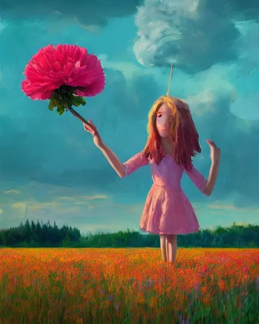 Image similar to girl with a giant carnation as face, surreal photography, flower field, sunset dramatic light, impressionist painting, colorful clouds, blue sky, digital painting, artstation, simon stalenhag