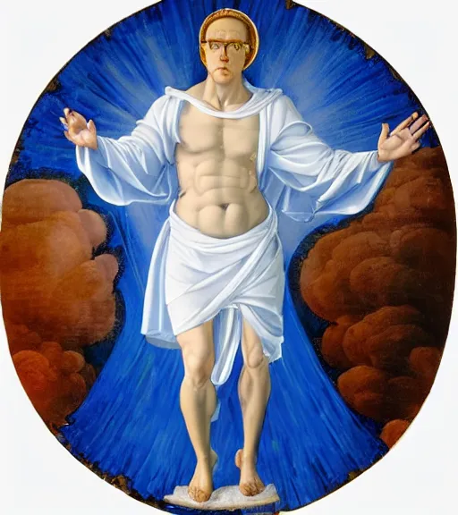 Image similar to hank hill wearing a white toga, emerging from blue fire, surrounded by blue flames, renaissance religious painting, late gothic religious paintings, byzantine religious art, painting by duccio di buoninsegna and carlo crivelli, trending on artstation