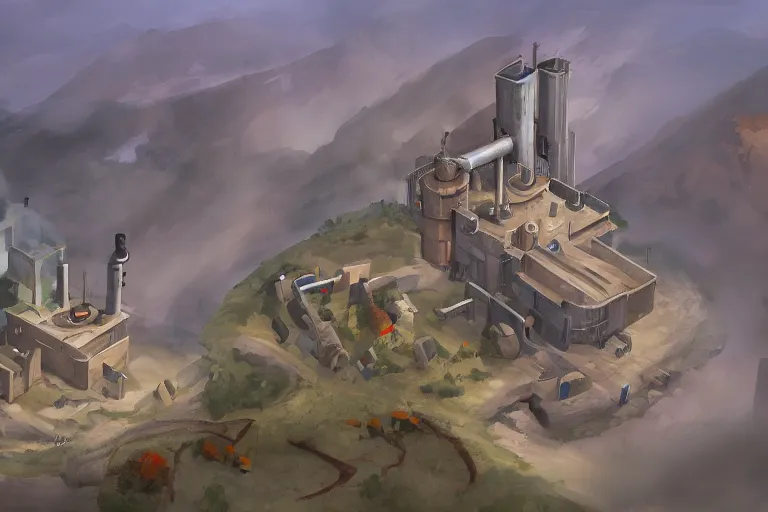 Prompt: team fortress 2 concept art of a cement factory on the peak of a mountain with winding paths leading down to a foggy forest, oil painting, artstationhq