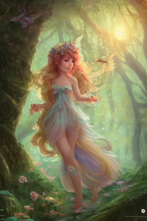 Image similar to a cute and geogerous fairy in the dreamy forest, fantasy, dreamlike, 8 k resolution, hyper detailed, d & d, character design, digital painting, trending on artstation, sharp focus, illustration, art by viktoria gavrilenko, hoang lap, fuji choko, steve zheng,