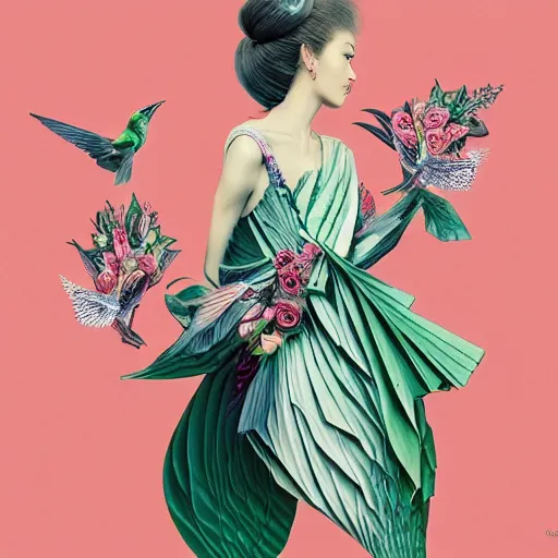 Image similar to 3 / 4 view of a beautiful girl wearing an origami dress, eye - level medium shot, fine floral ornaments in cloth and hair, hummingbirds, elegant, by eiko ishioka, givenchy, tran nguyen, by peter mohrbacher, centered, fresh colors, origami, fashion, detailed illustration, vogue, high depth of field, japanese, reallusion character creator