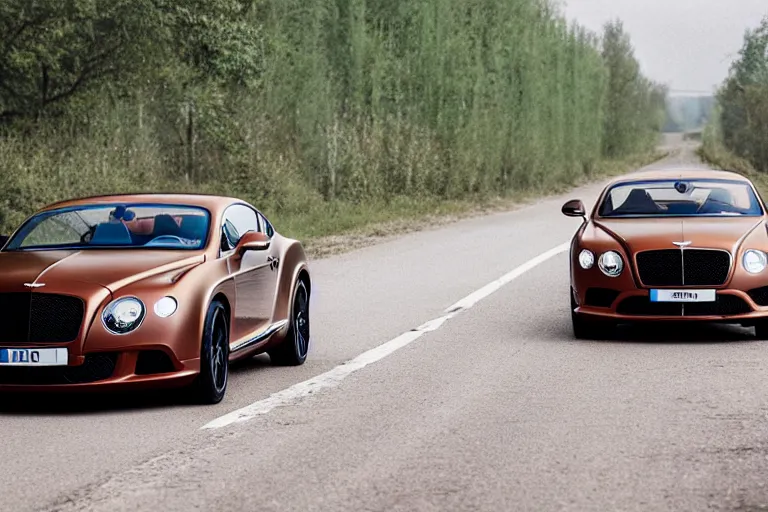 Image similar to modern rusty matte tired Bentley Continental GT without gloss no reflections drives along the road of an old Russian village with houses at the edges