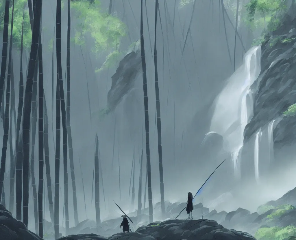 Prompt: a solitary figure in a misty japanese bamboo forest, cell shaded, huge waterfall, large rocky mountain, drawing, stylized anime, sun rays, soft, by hayao miyazaki, ghibli studio, makoto shinkai, toei animation, studio trigger, trending on artstation, 4 k, hd