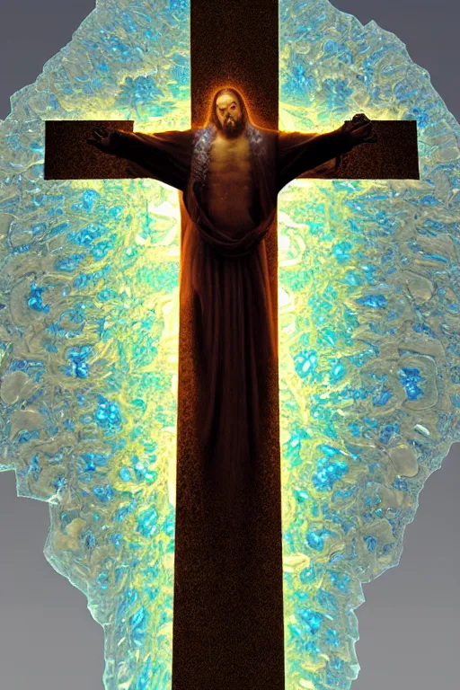 Image similar to a crystalline 3 d mandelbulb fractal in the shape of jesus christ on the cross, bioluminescent opal, fractal, magnificent lighting, ethereal, ray tracing, octane, holographic