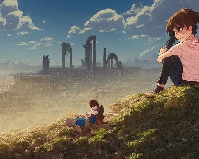 Image similar to a boy and a girl sitting on a hill overlooking the apocalyptic ruins of a city, rubble, ruins, post-apocalyptic, gloomy, end of the world, dust. By Makoto Shinkai, Stanley Artgerm Lau, WLOP, Rossdraws, James Jean, Andrei Riabovitchev, Marc Simonetti, krenz cushart, Sakimichan, D&D trending on ArtStation, digital art.