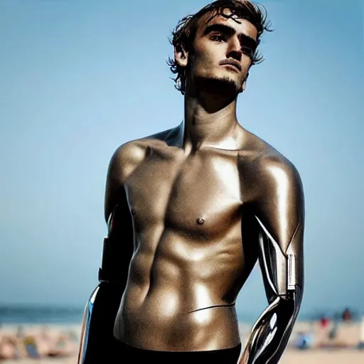 Image similar to “ a realistic detailed photo of a guy who is an attractive humanoid who is half robot and half humanoid, who is a male android, soccer player antoine griezmann, shiny skin, posing like a statue, blank stare, at the beach, on display ”