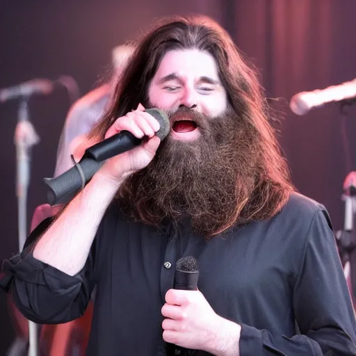 Image similar to bearded long - haired ross cheairs singing on stage