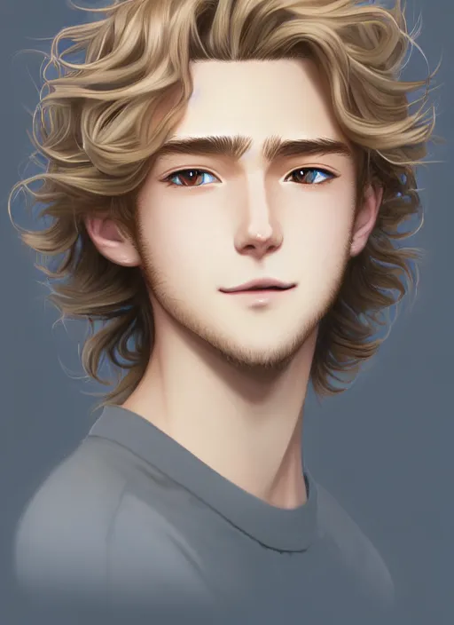 Image similar to beautiful young man with medium - length, curly, golden hair, perfectly proportioned face, aquamarine eyes, long eyelashes, smile, natural lighting, path traced, highly detailed, high quality, cartoon, digital painting, by new haicheng and studio ghibli