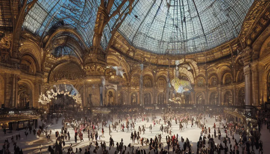 Image similar to victoria secret parade in the galeries nationales du grand palais in paris, light, shadows, reflections, flowers, epic composition, intricate, elegant, volumetric lighting, 4 k resolution, octane render, unreal engine, ultradetailed, photorealistic, ultrarealism, trending on artstationconcept art, ruan jia & steve mccurry & peter mohrbacher