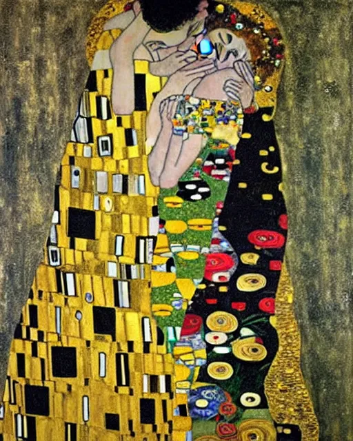 Prompt: wedding, painting by gustav klimt, gold leaf on wood