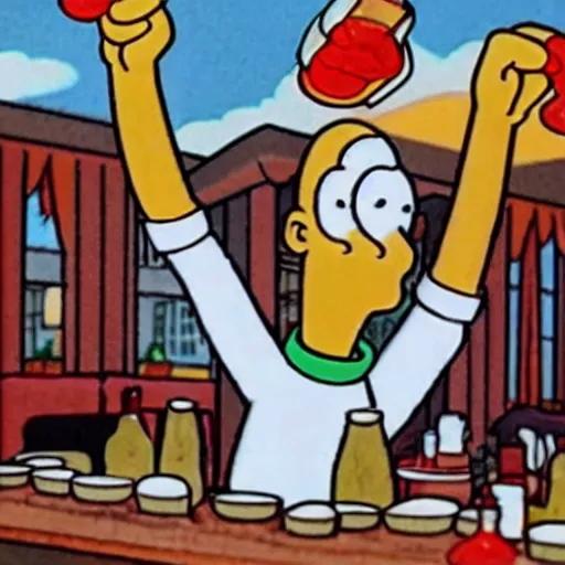 Image similar to montgomery burns from the simpsons with arms up in the air holding ketchup bottles, cartoon