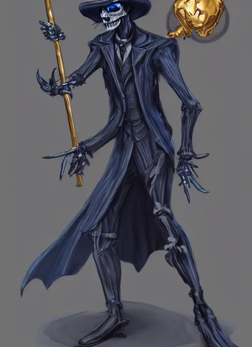 Image similar to DND character art, skeletal male figure, wearing a deep black suit!!! and tie and top hat, holding a gold! cane!, blue flames in background, blue flames