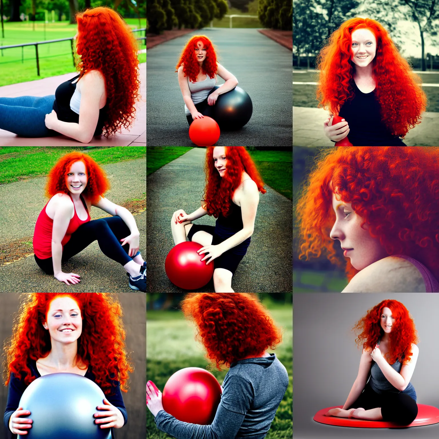 Prompt: pretty red headed woman holding an exercise ball in front of her lap, curly red hair, well endowed, outside, overcast, medium shot, low angle, cel shaded, digital art