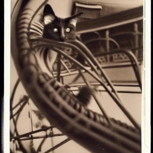 Image similar to black cat in a rollercoaster. the cat is looking excited. polaroid. sepia.