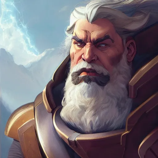 Image similar to science-fiction utopian character portrait of a huge muscular tall giant Reinhardt from Overwatch, long white hair and beard, intricate, wild, highly detailed, digital painting, artstation, upper body, concept art, smooth, sharp focus, illustration, art by artgerm and greg rutkowski and alphonse mucha