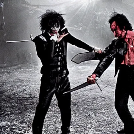 Image similar to Wdward Scissor-hands battling with Freddie Kreuger, cinematic hollywood action sequence, movie-still, gritty-thriller-action-horror