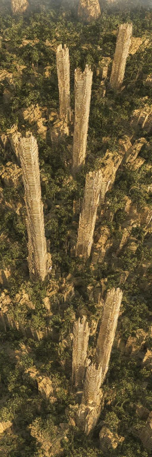 Image similar to photo of vertical golden tower, stacked ancient village, arid mountains and lush palm forest, photo realism, sharp focus, octane