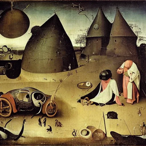 Image similar to alchemist camp in the outback with crashed car, hieronymus bosch