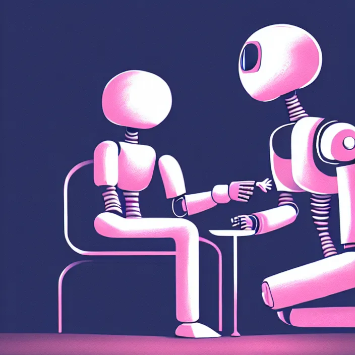 Prompt: concept art for an intimate scene between two cute robots, futurist, scifi, film