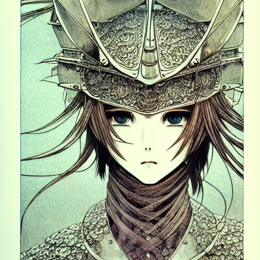 Prompt: prompt: Fragile looking vessel portrait soft light drawn by Takato Yamamoto, inspired by Fables, ancient chrome shiny knight armor, magical and alchemical weapons, soft light, white background, intricate detail, intricate oil painting detail, sharp high detail, manga and anime 2000