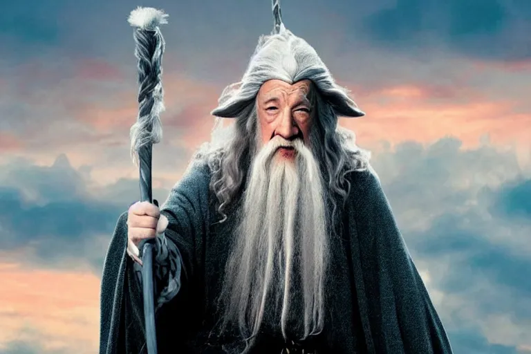 Image similar to portrait of Gandalf dressed up like hello kitty, smiling warmly, sunrise, movie still from Lord of the Rings, cinematic