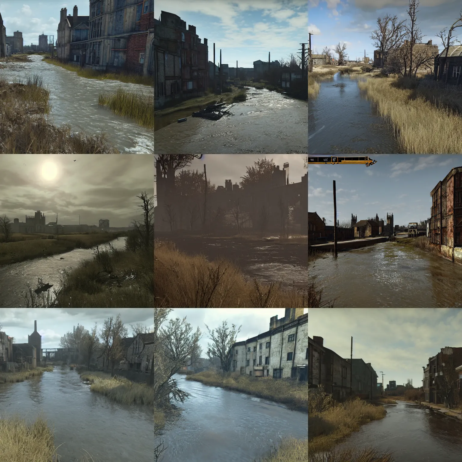 Prompt: river stour in a desolate and decrepit canterbury, screenshot from'fallout 4'