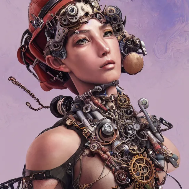 Prompt: the portrait of true neutral semi - colorful female steampunk cyborg mechanist as absurdly beautiful, gorgeous, elegant, young swimsuit model, an ultrafine hyperdetailed illustration by kim jung gi, irakli nadar, intricate linework, bright colors, octopath traveler, final fantasy, unreal engine 5 highly rendered, global illumination, radiant light, detailed and intricate environment