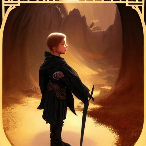 Image similar to perfectly - centered - portrait of a kid wearing black cloak holding wooden sword, intricate, highly detailed, digital painting, artstation, concept art, smooth, sharp focus, illustration, unreal engine 5, 8 k, art by artgerm and greg rutkowski and alphonse mucha