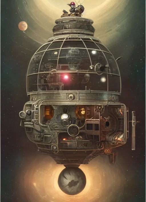 Prompt: highly detailed wide - angle portrait of a retro a retro mechanical saucer spaceship, nicoletta ceccoli, mark ryden, lostfish, earl nore, hyung tae, frank frazetta, global illumination, detailed and intricate environment