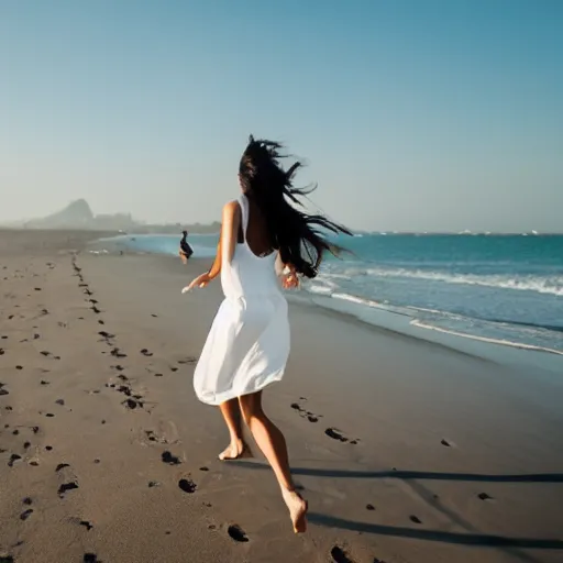 Image similar to dark haired woman in a white dress running on the beach